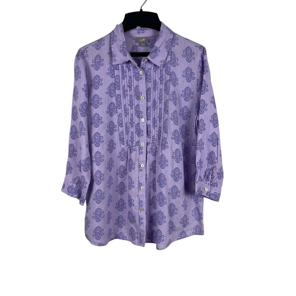 J Jill 100% Linen Blouse S Petite Purple Floral Pintuck Pleated Button Front Top